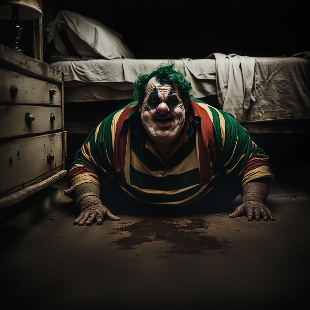A horrifying, overweight clown crawling out from under a bed in a filthy room.